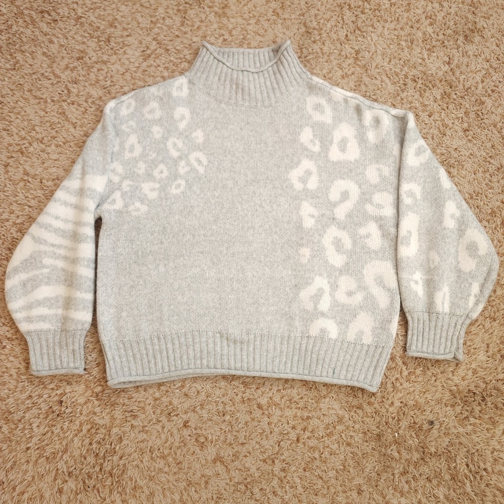 Nine West Sweater Womens XXL Grey Animal Print Mock Neck Balloon Sleeve Pullover